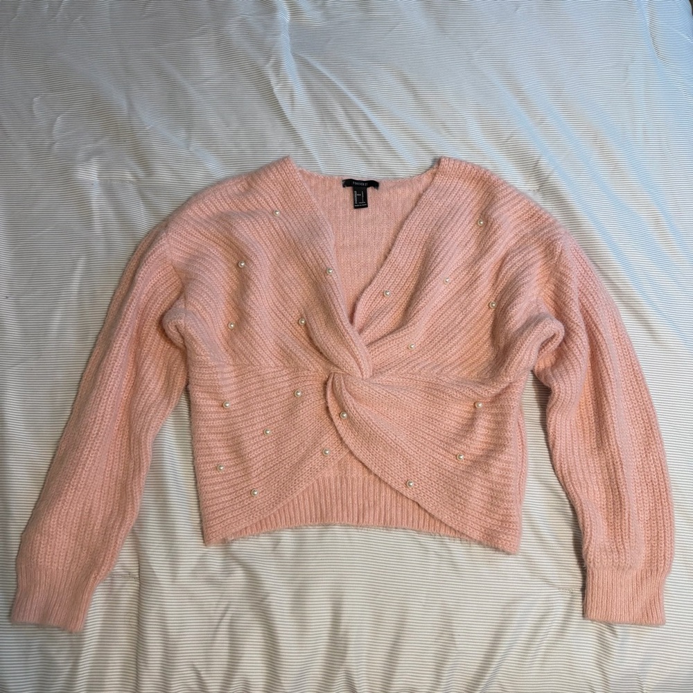 Forever 21 Pink Fuzzy Chunky Knitted V-Neck Twist Sweater with Pearl Details